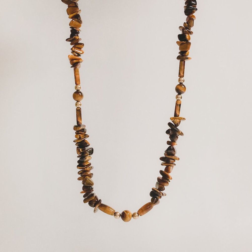 Vintage Tiger Eye Gemstone Beaded Gold Necklace